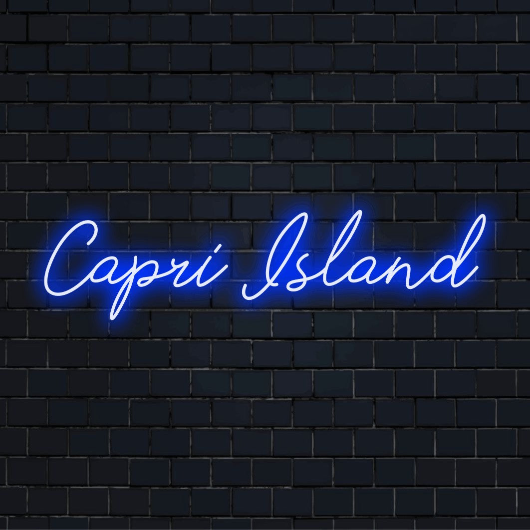 Capri Island LED Neon Sign, bright LED glow on dark brick wall