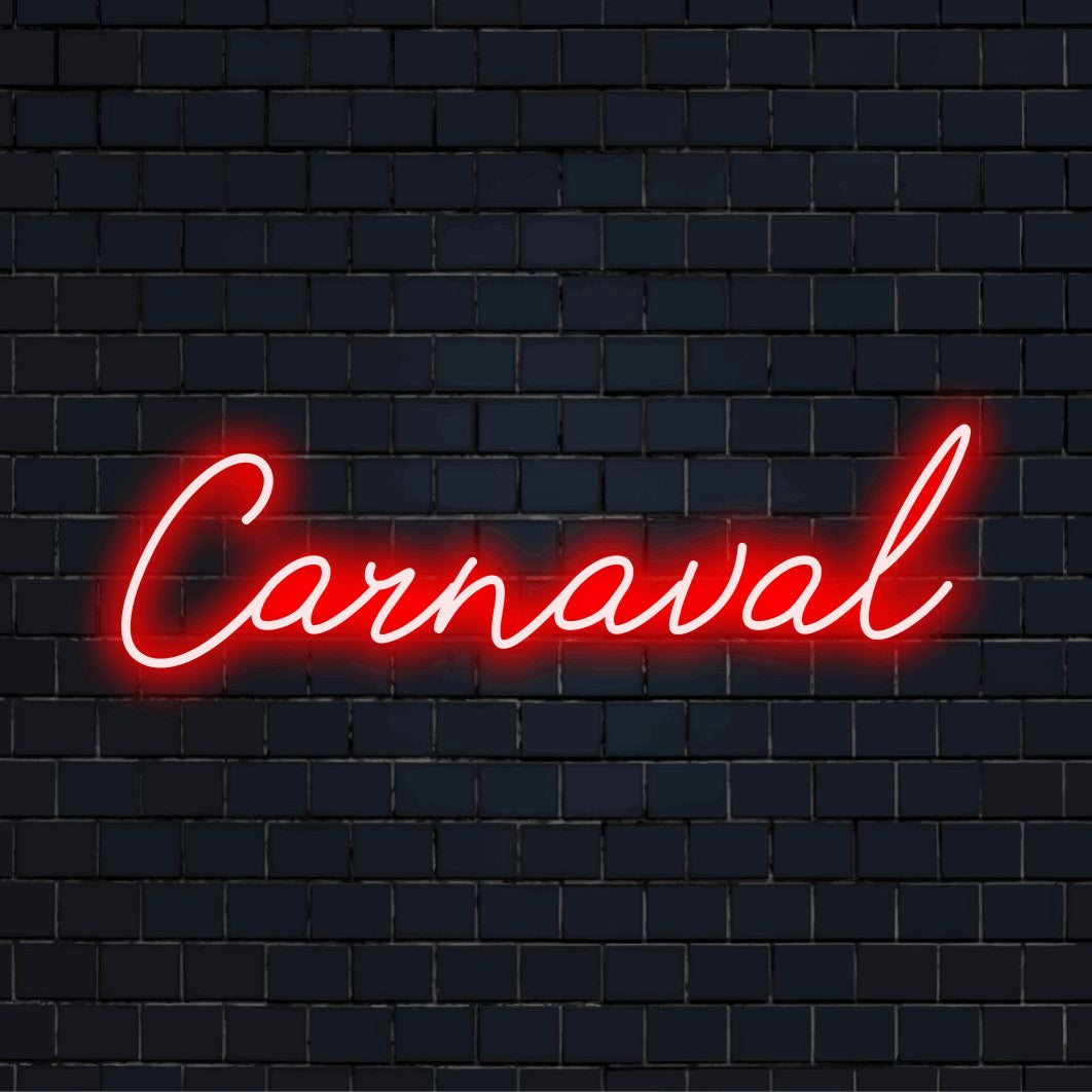 Carnaval Neon Sign, glowing wall decor on dark brick background