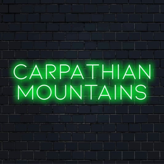 Carpathian Mountains Neon Light with soft neon glow on dark brick background