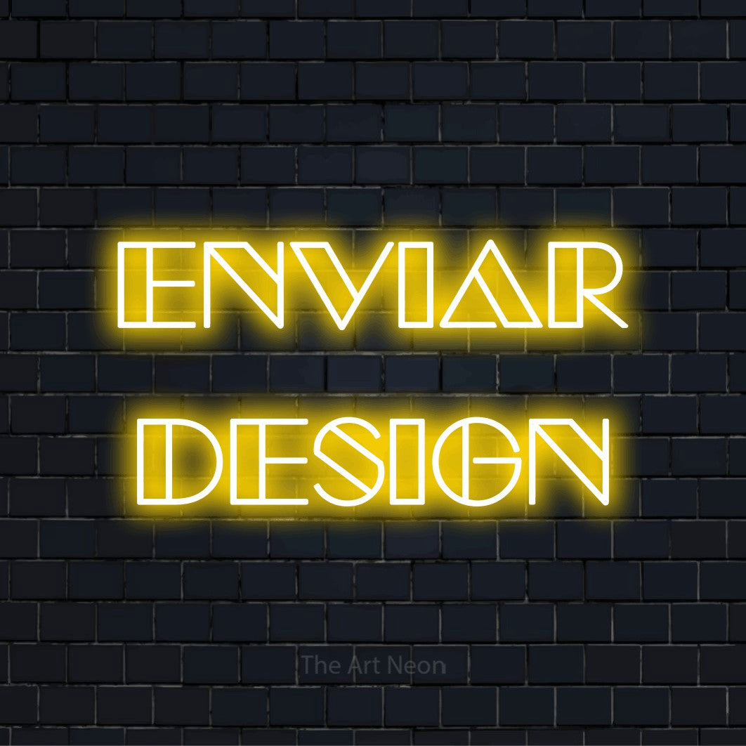Letreiro néon LED com o design “Enviar Design” numa parede escura