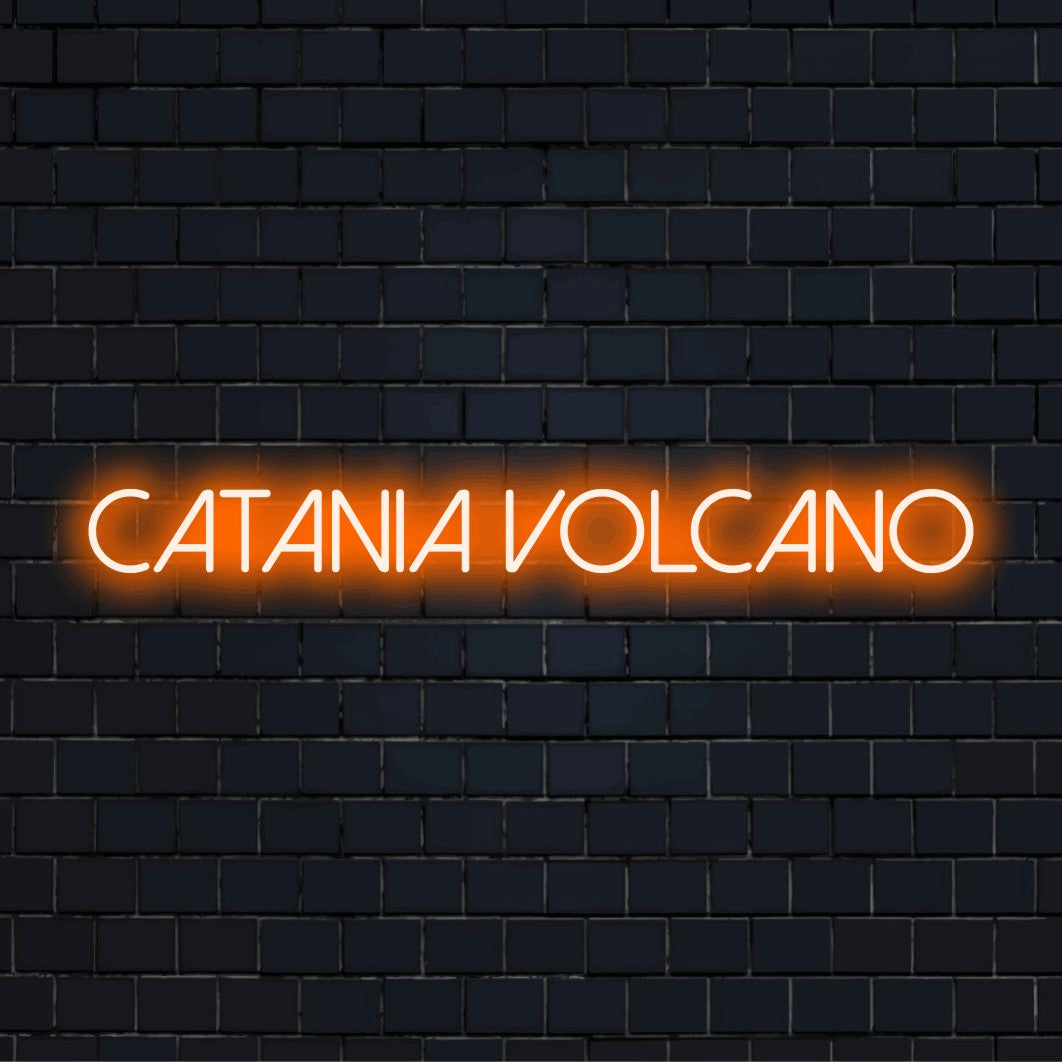 Catania Volcano Neon Sign, neon text light on dark brick background