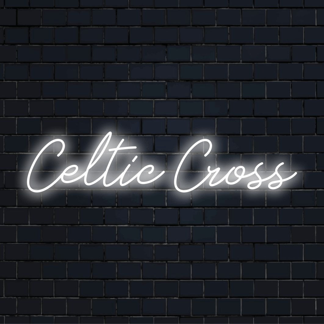 Celtic Cross Neon Light with glowing wall decor against brick backdrop