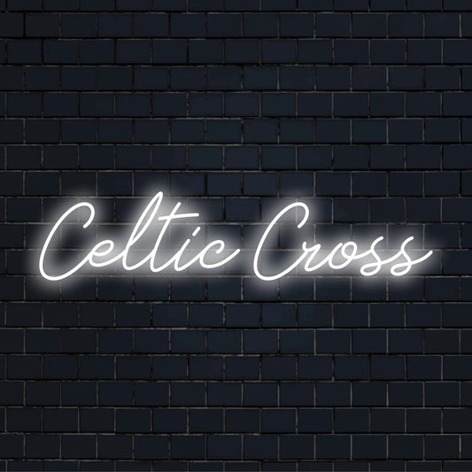 Celtic Cross Neon Light with glowing wall decor against brick backdrop