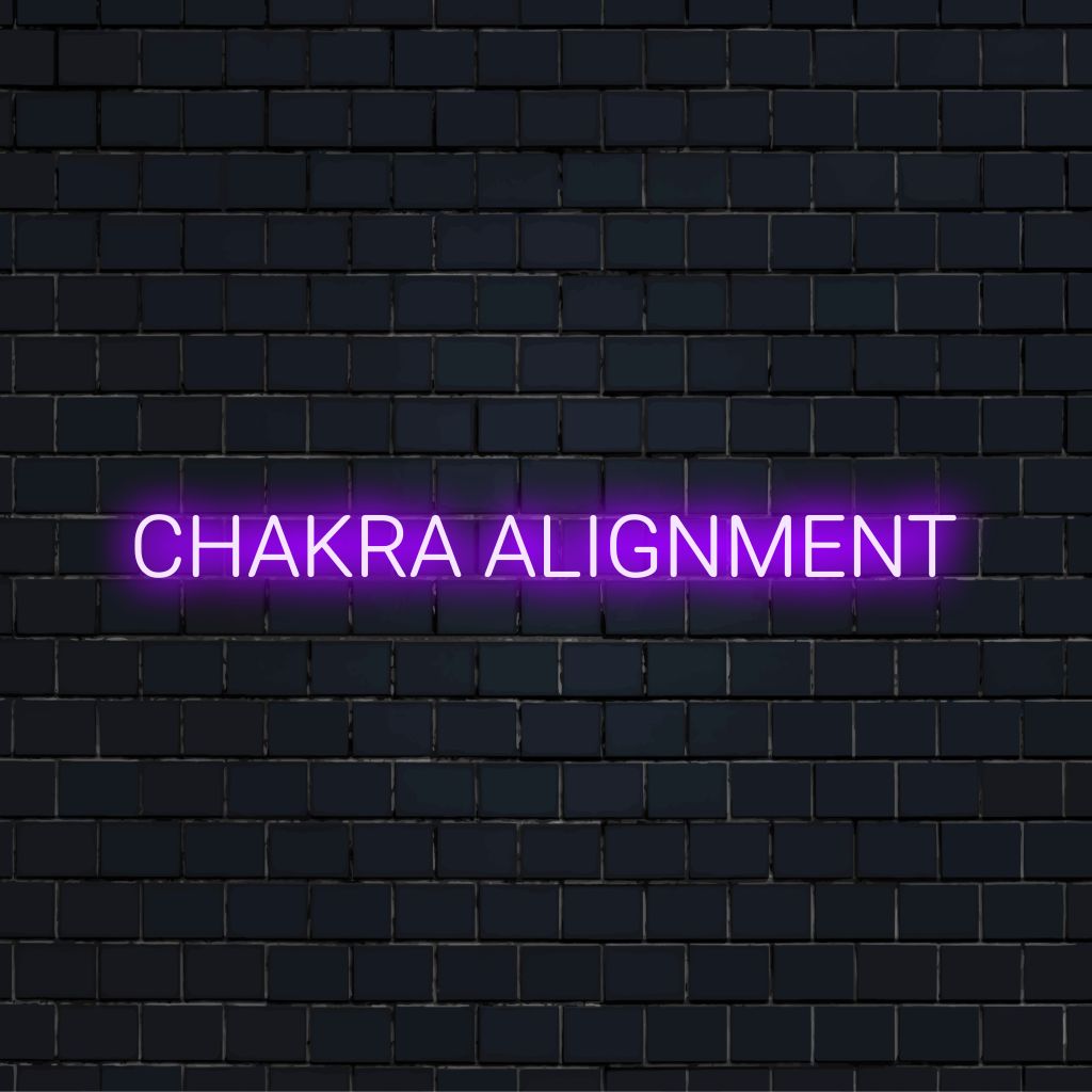 Chakra Alignment Neon Sign, soft neon glow against brick backdrop