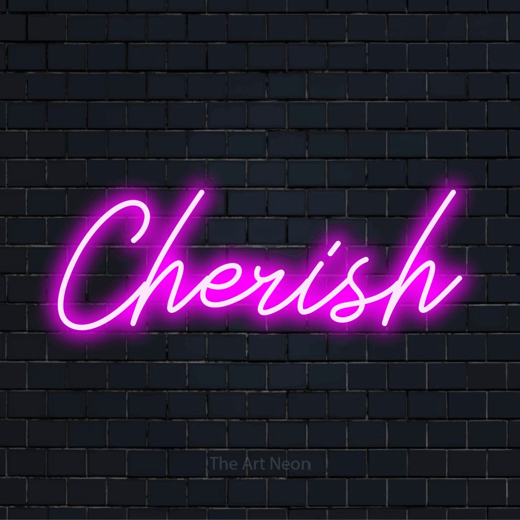 "Cherish" script-style LED neon sign on a black brick wall