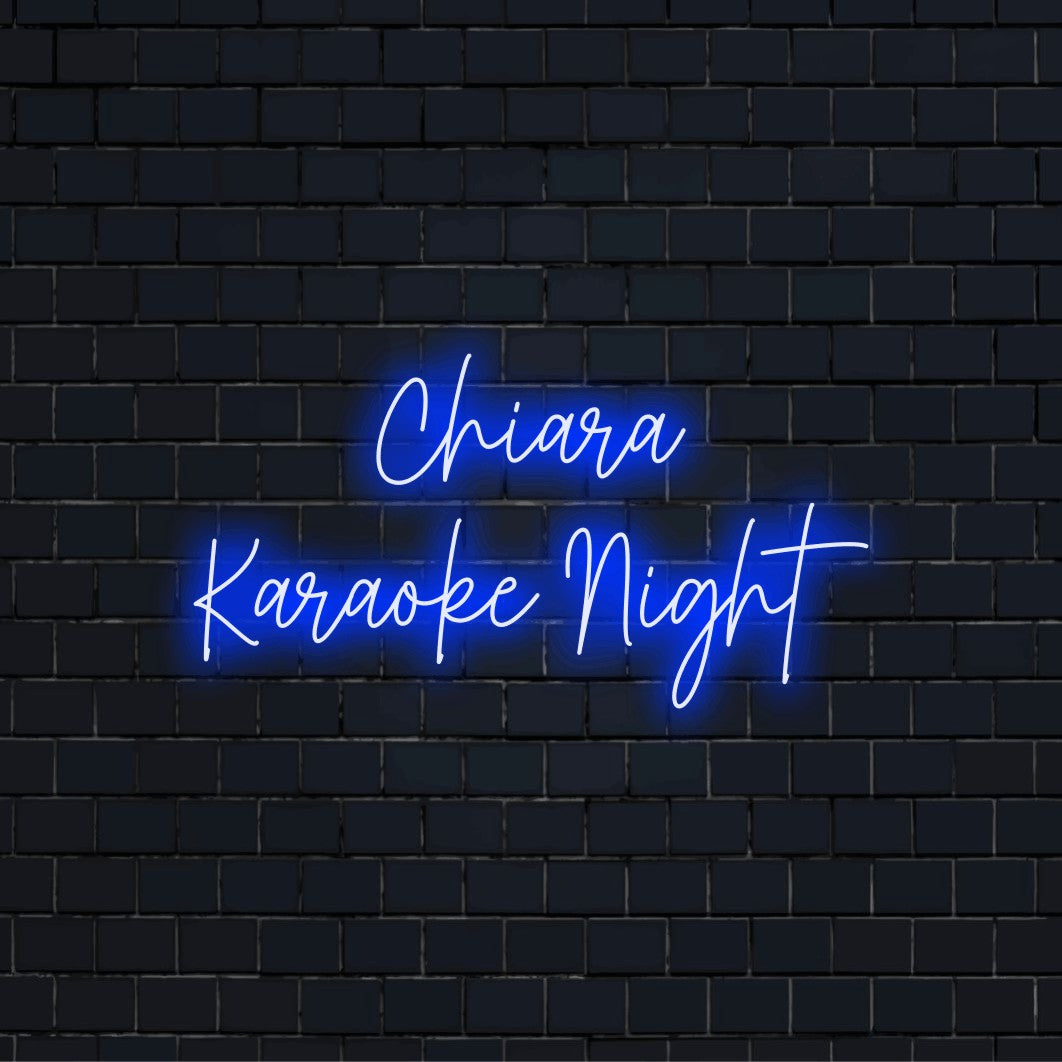 Chiara Karaoke Night Personalized LED Neon Sign, glowing lettering on dark brick background
