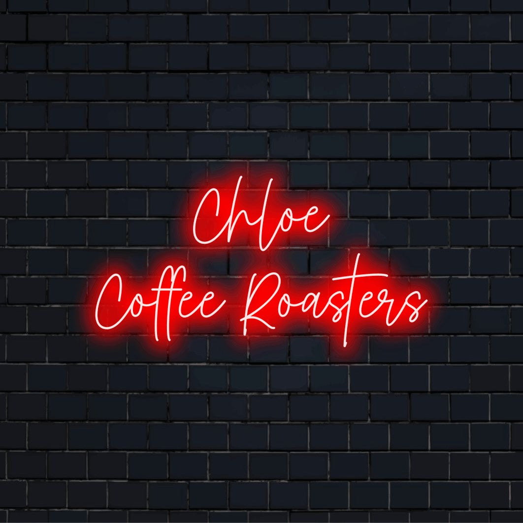 Chloe Coffee Roasters Custom Name Neon Sign, glowing neon text on dark brick wall