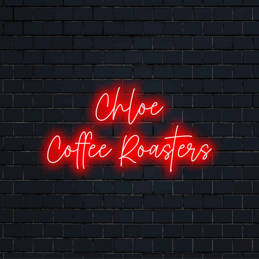 Chloe Coffee Roasters Custom Name Neon Sign, glowing neon text on dark brick wall