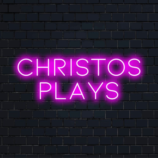 Christos Plays Personalized Neon Light with glowing wall decor on dark brick wall