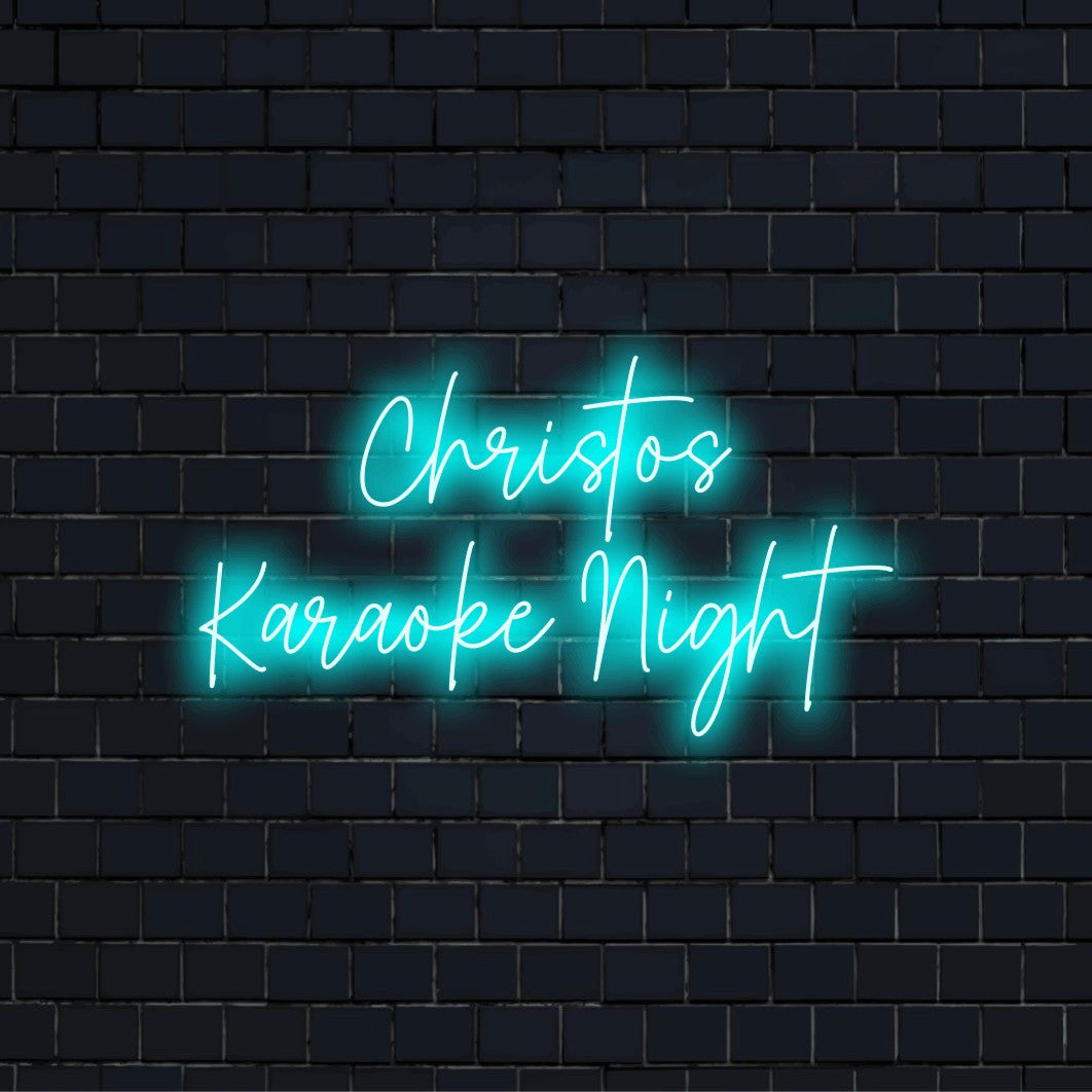 Christos Karaoke Night Custom Name Neon Sign, bright LED glow against black brick wall