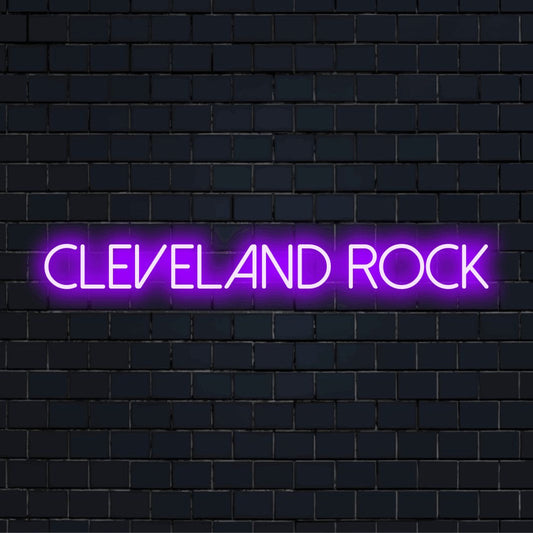 Cleveland Rock LED Neon Sign, glowing neon text on dark brick background