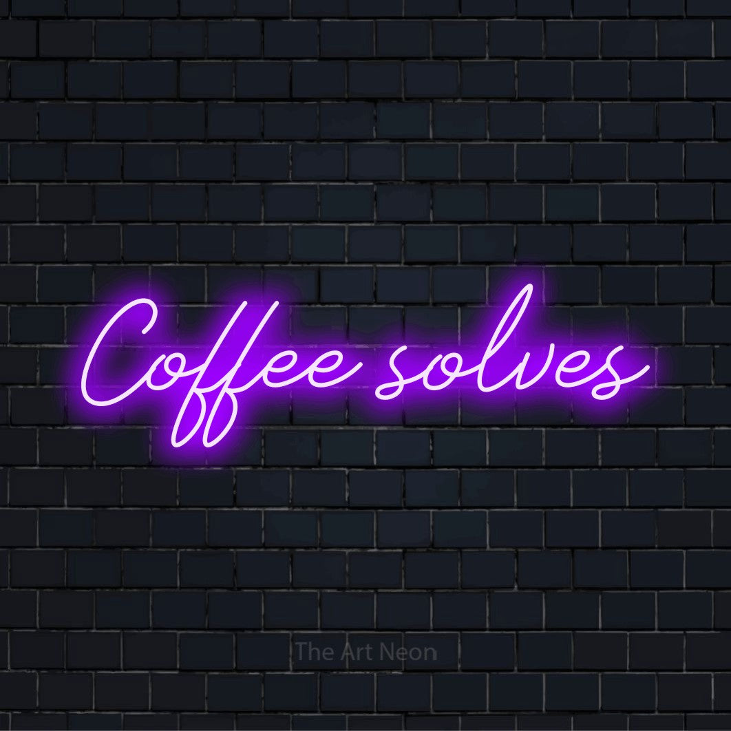 "Coffee Solves" LED neon sign on a black brick wall