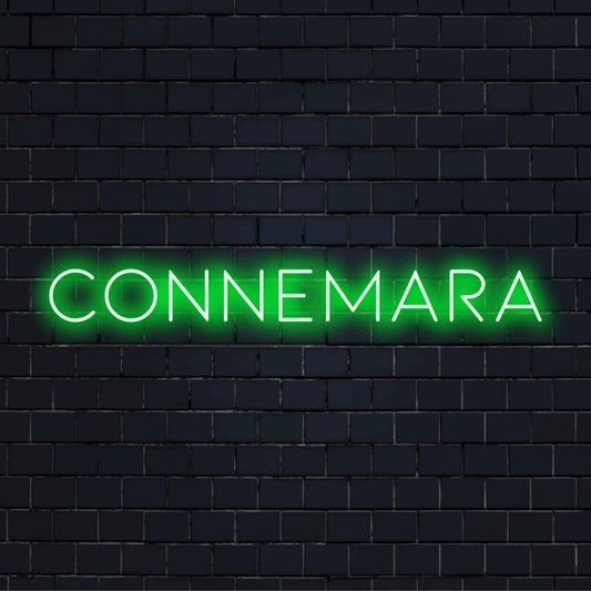 Connemara Neon Sign, soft neon glow on dark brick wall