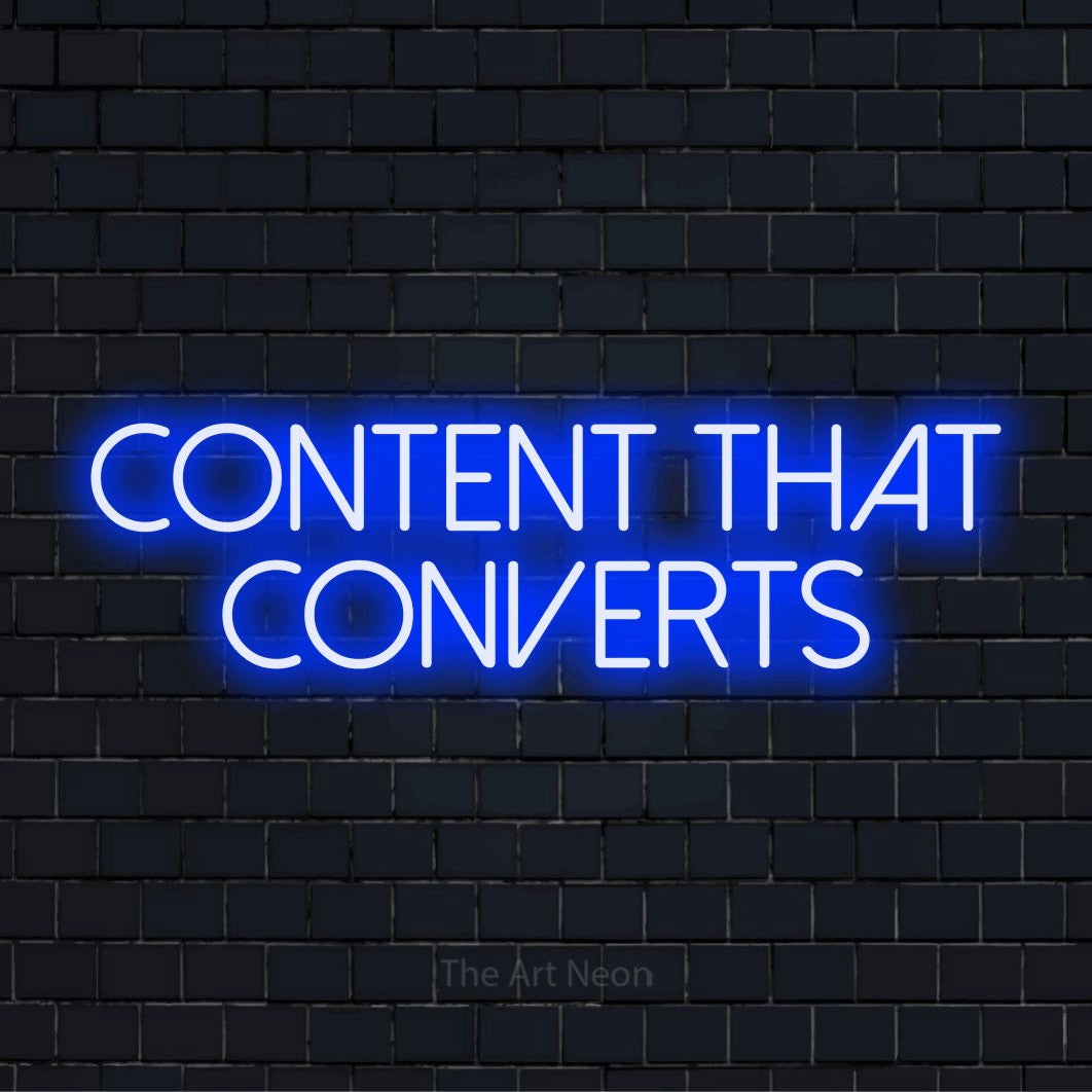 "Content That Converts" neon text design on a black brick wall