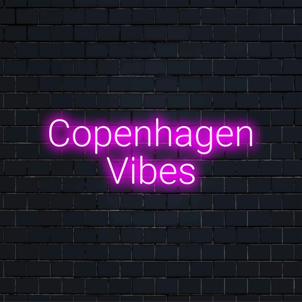 Copenhagen Vibes Neon Sign, glowing wall decor on dark brick wall