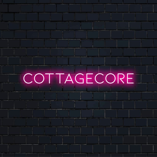 Cottagecore Neon Sign, glowing lettering on black brick background