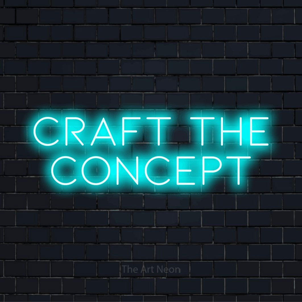 "Craft The Concept" script-style LED neon sign on a black brick wall
