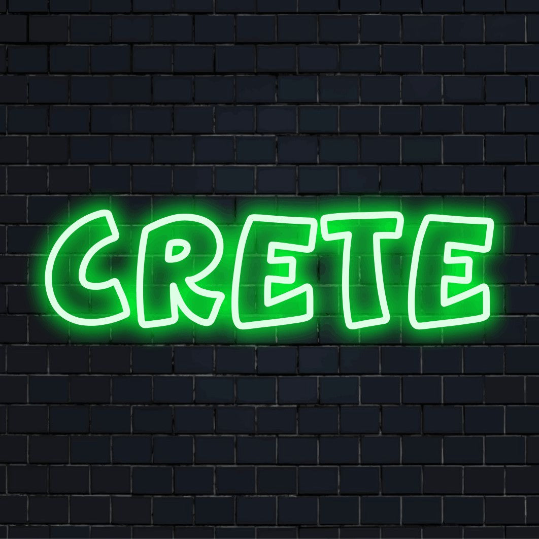 Crete Neon Sign, bright neon lettering on black brick background