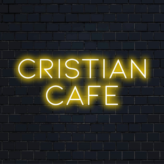 Cristian Cafe Custom Name Neon Sign, glowing wall decor on dark brick wall