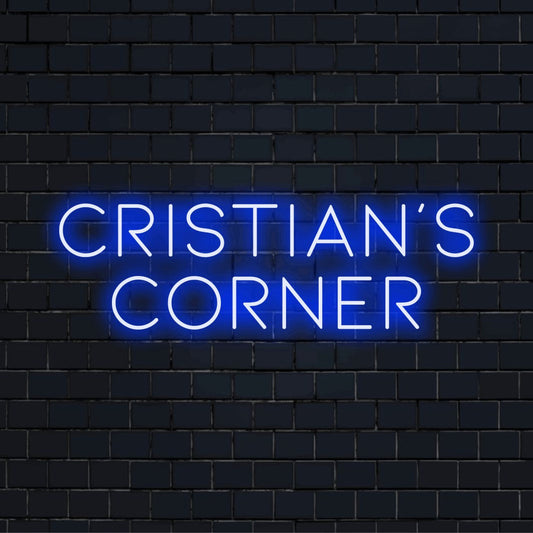 Cristian_s Corner Custom Name Neon Sign, glowing neon text against black brick wall