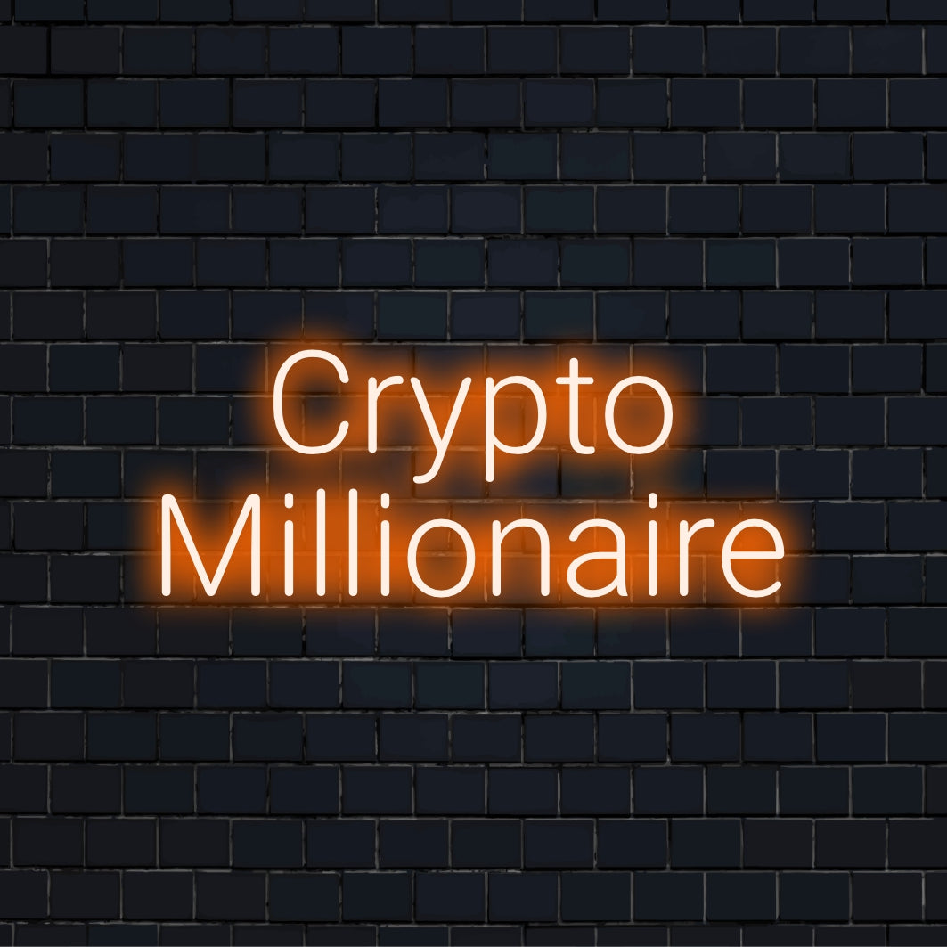 Crypto Millionaire Neon Sign, glowing neon text on black brick background