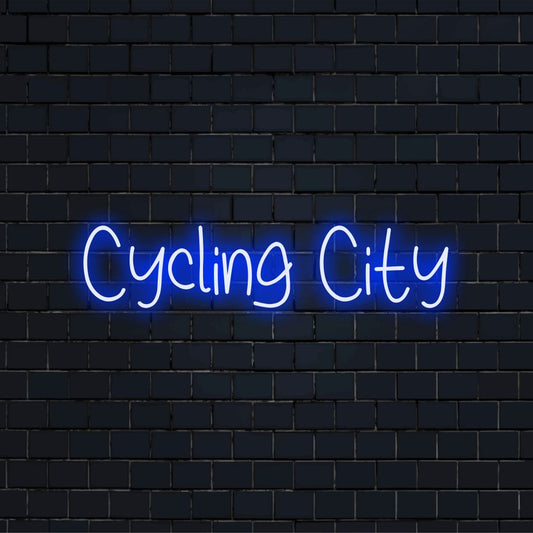 Cycling City Neon Sign, bright LED glow against black brick wall
