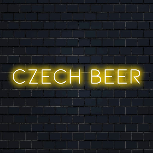 Czech Beer LED Neon Sign, bright LED glow on dark brick wall
