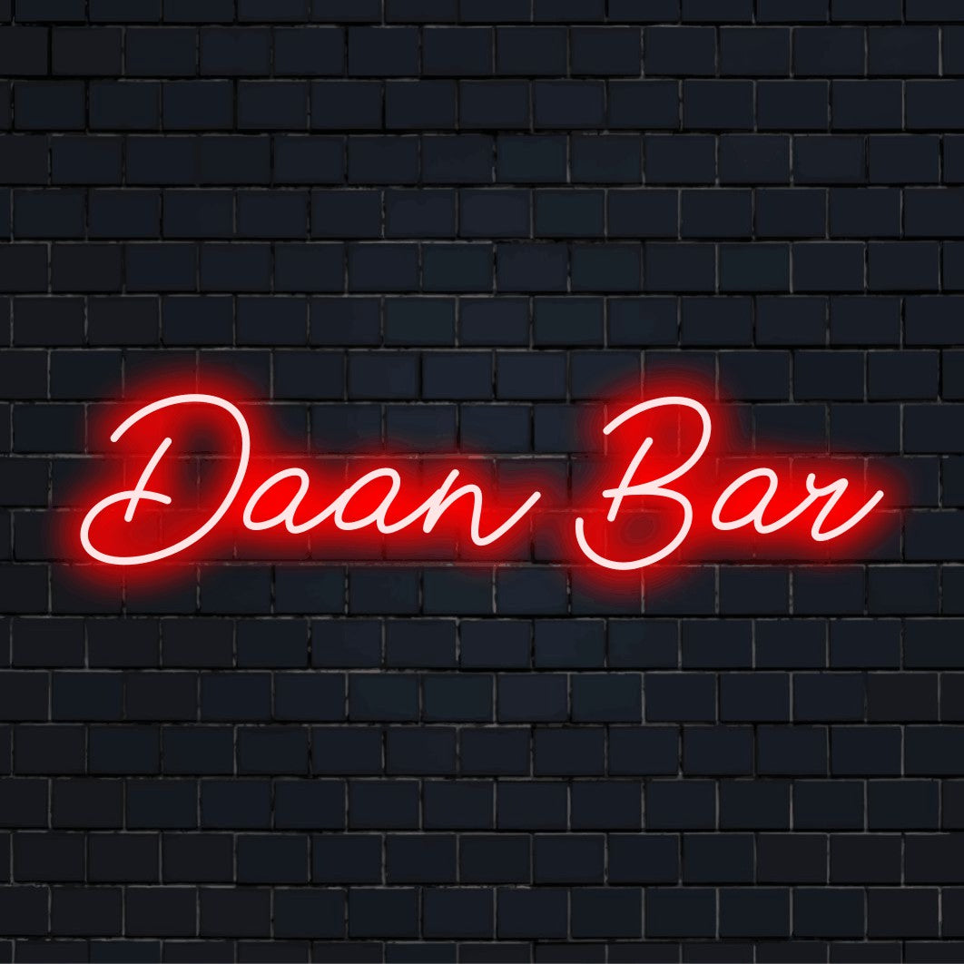 Daan Bar Personalized LED Neon Sign, glowing lettering against brick backdrop