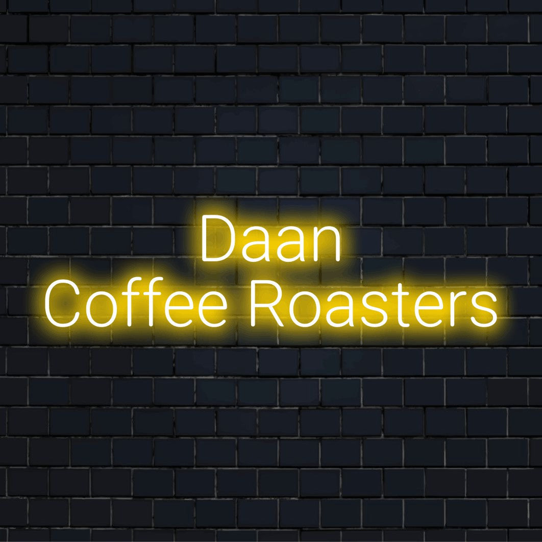 Daan Coffee Roasters Custom Name Neon Sign, glowing wall decor on dark brick background