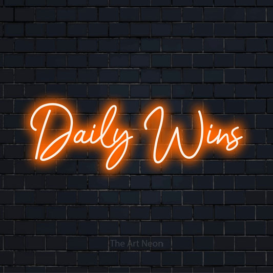 "Daily Wins" text design with neon effect on a black brick wall