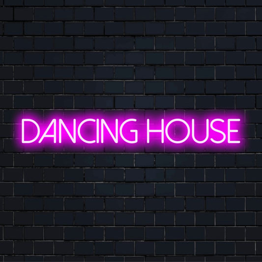 Dancing House LED Neon Sign, bright LED glow on dark brick wall