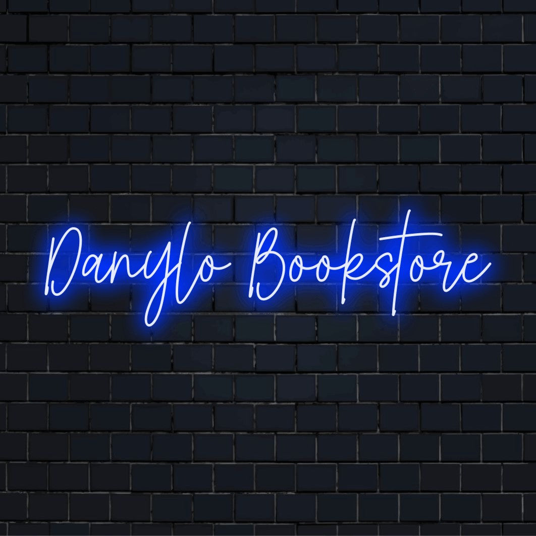 Danylo Bookstore Personalized LED Neon Sign, glowing neon text on black brick background