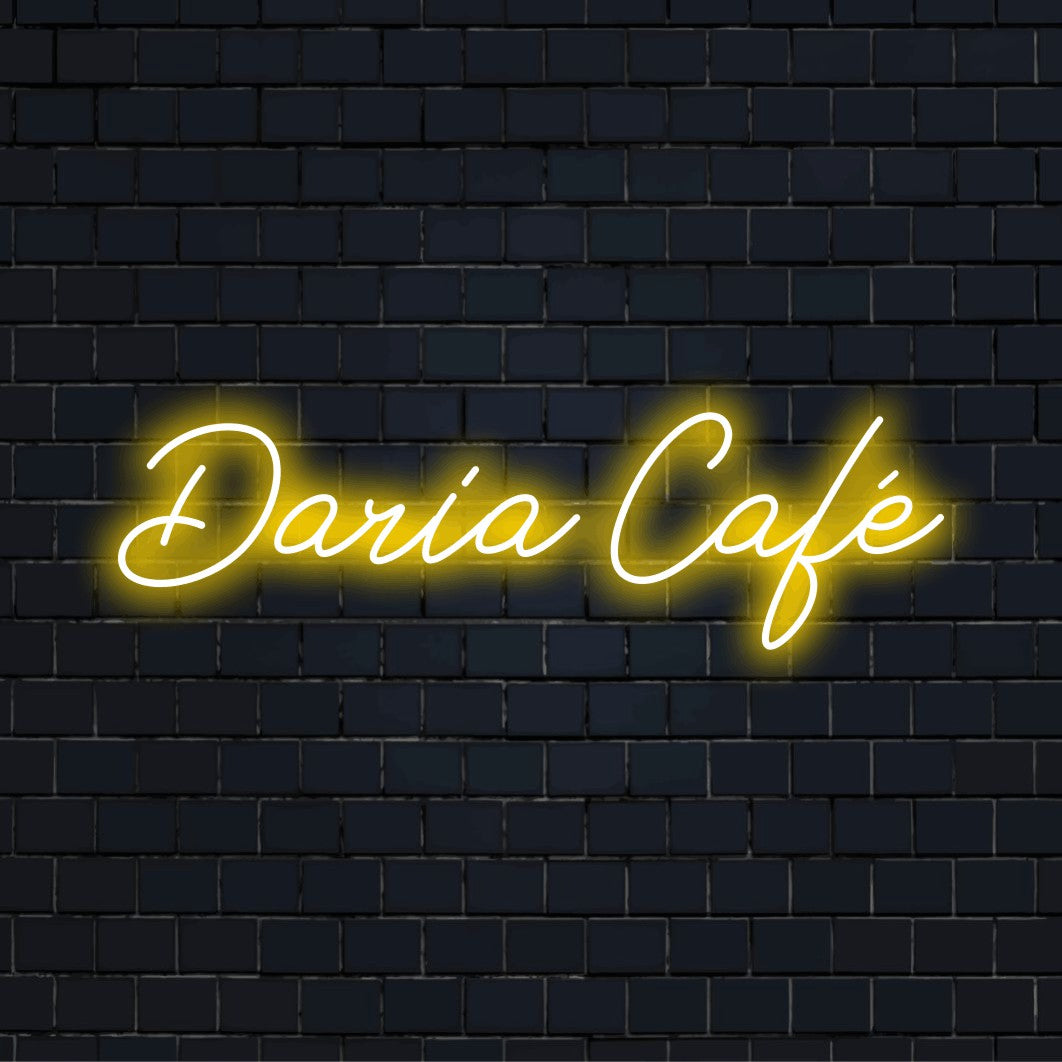 Daria Cafe Custom Name Neon Sign, neon text light on dark brick background