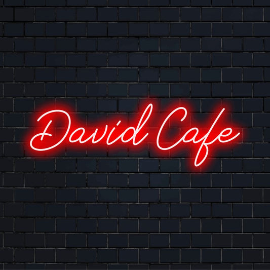 David Cafe Personalized LED Neon Sign, glowing wall decor against brick backdrop