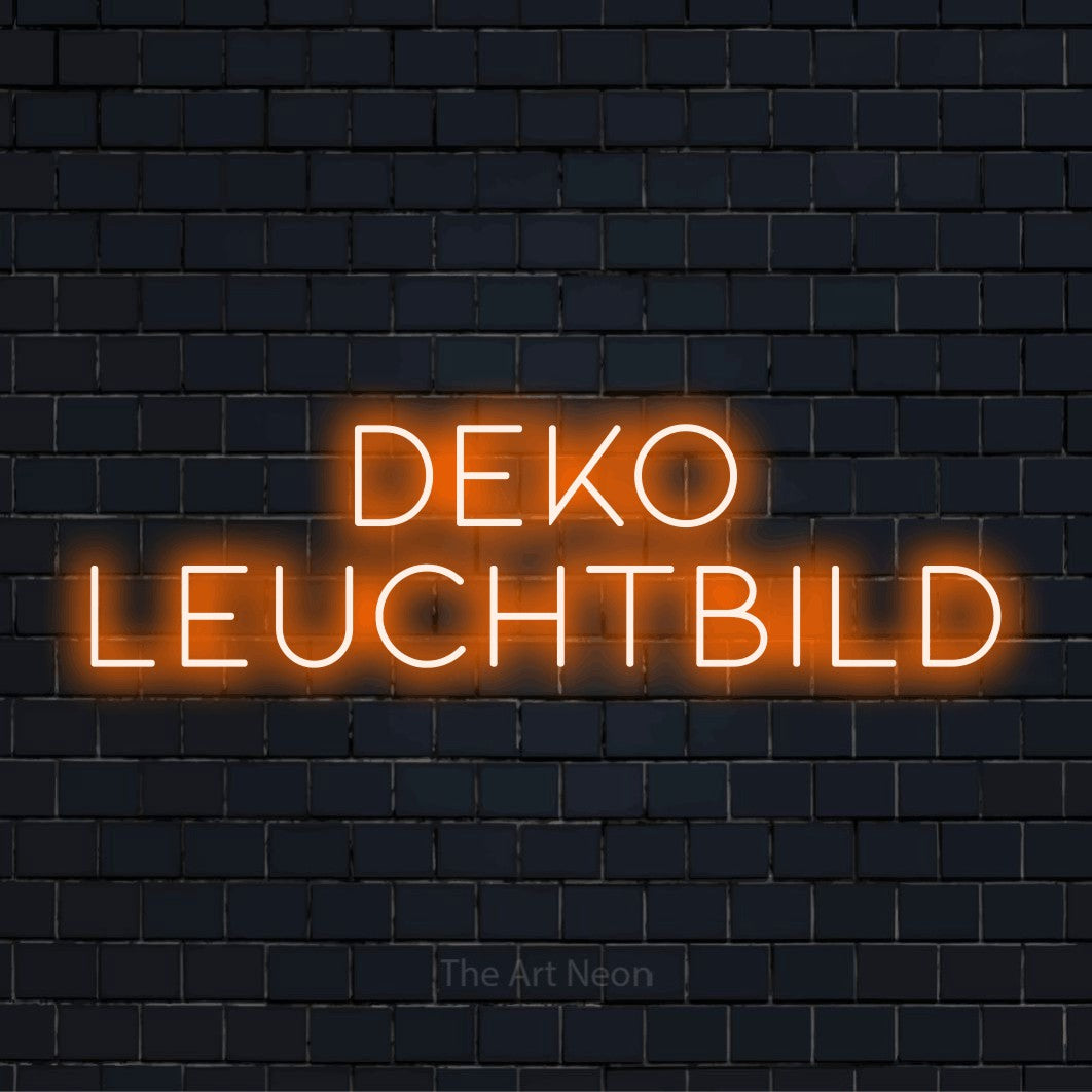 LED-Neonschild mit dem Text „Deko Leuchtbild“ auf dunkler Ziegelwand