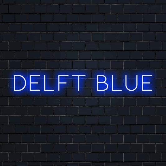Delft Blue Neon Sign, neon text light on dark brick background