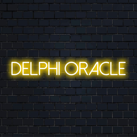 Delphi Oracle Neon Sign, bright neon glow on black brick background
