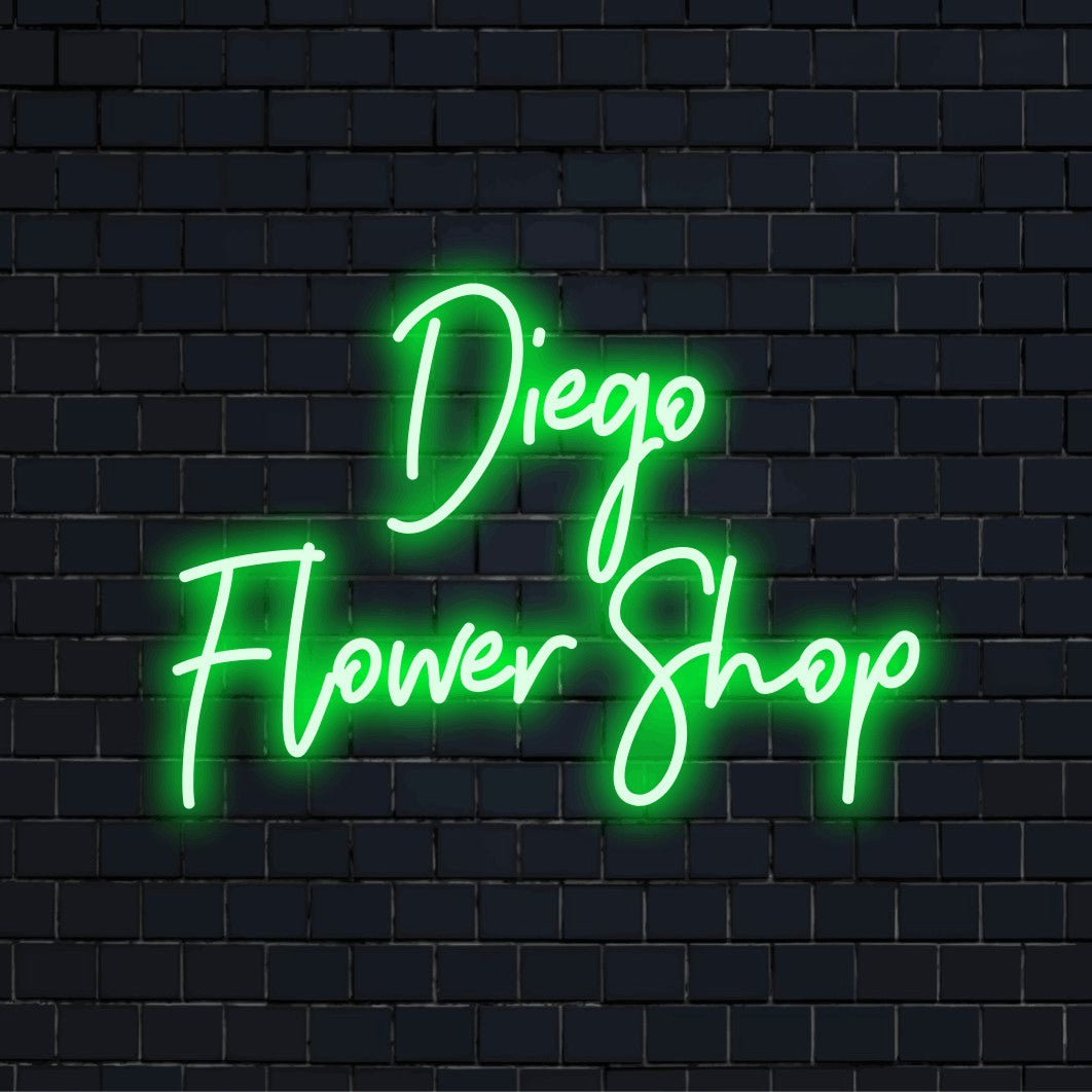 Diego Flower Shop Custom Name Neon Sign, glowing wall decor on dark brick wall