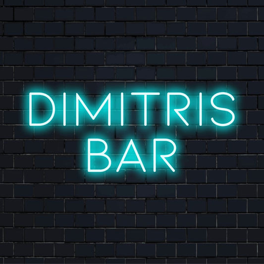 Dimitris Bar Custom Name Neon Sign, bright neon glow on dark brick background