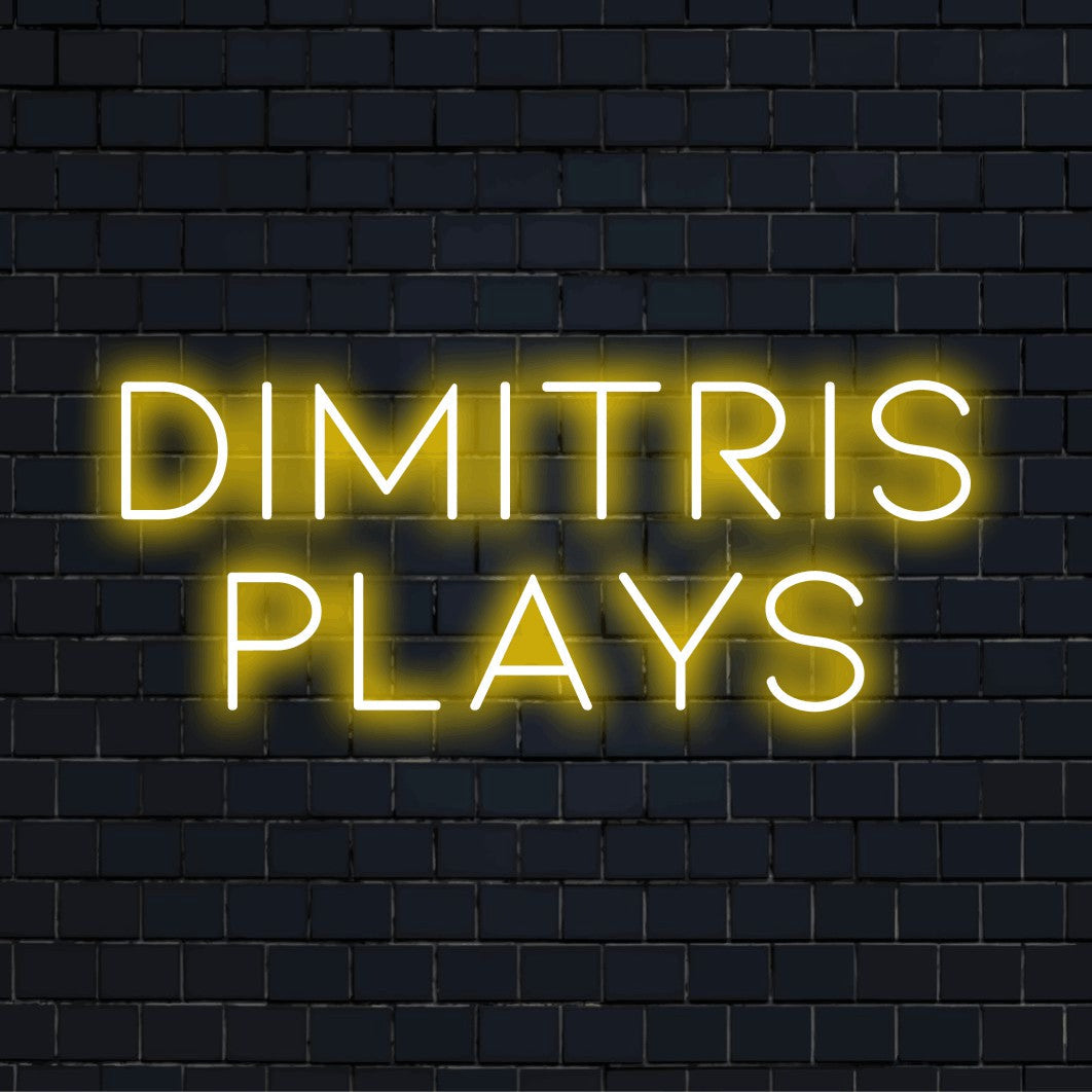 Dimitris Plays Personalized LED Neon Sign, soft neon glow against black brick wall