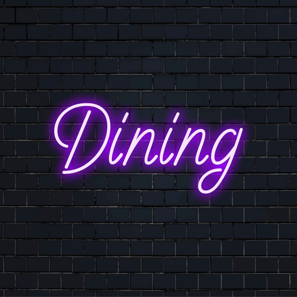 Dining Neon Sign, bright neon glow on black brick background