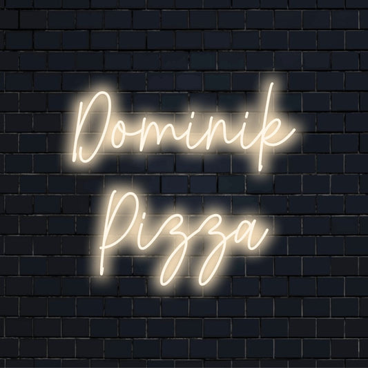 Dominik Pizza Personalized LED Neon Sign, bright neon lettering against brick backdrop