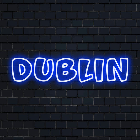 Dublin Neon Sign, bright LED glow against black brick wall