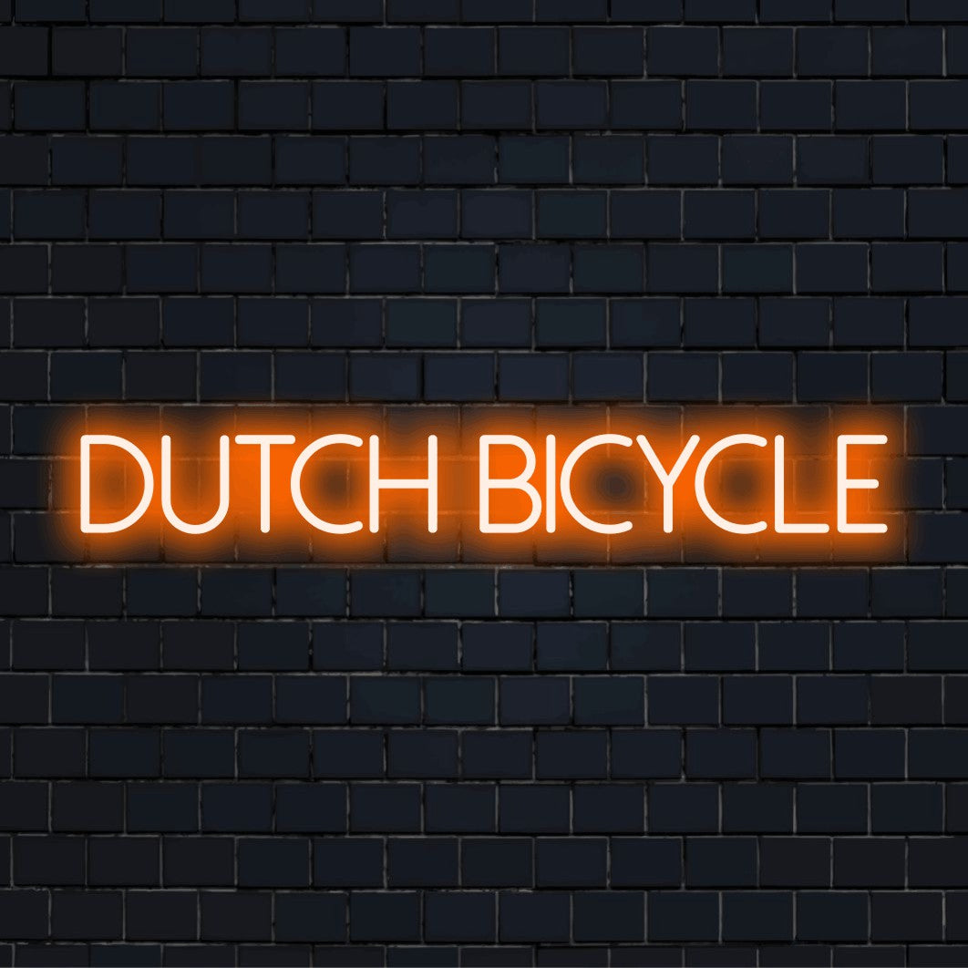 Dutch Bicycle Neon Sign, glowing lettering on dark brick background