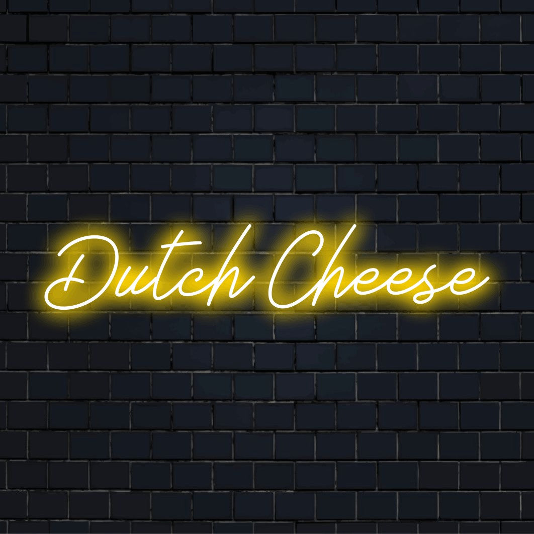 Dutch Cheese LED Neon Sign, glowing lettering against black brick wall