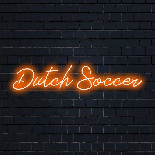 Dutch Soccer LED Neon Sign, glowing neon text on black brick background