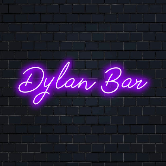 Dylan Bar Personalized LED Neon Sign, bright LED glow against brick backdrop