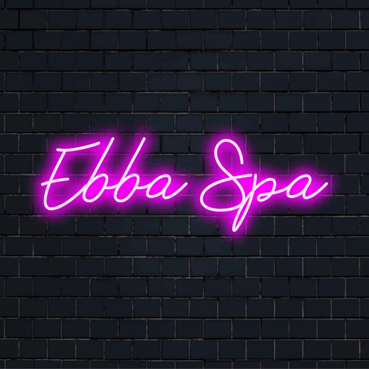 Ebba Spa Custom Name Neon Sign, bright LED glow on black brick background