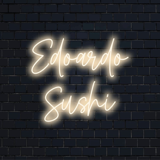 Edoardo Sushi Custom Name Neon Sign, neon text light on dark brick wall