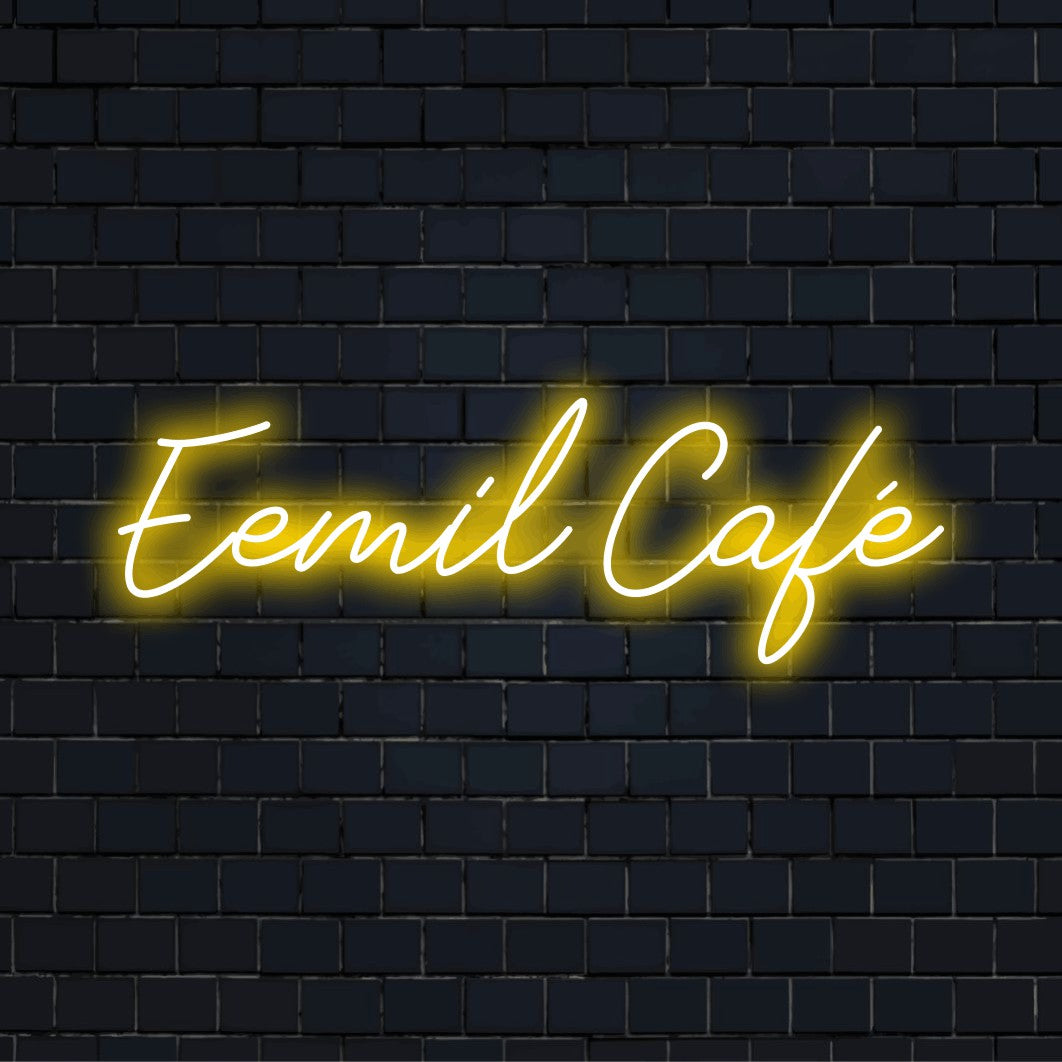 Eemil Cafe Personalized LED Neon Sign, bright neon glow against black brick wall